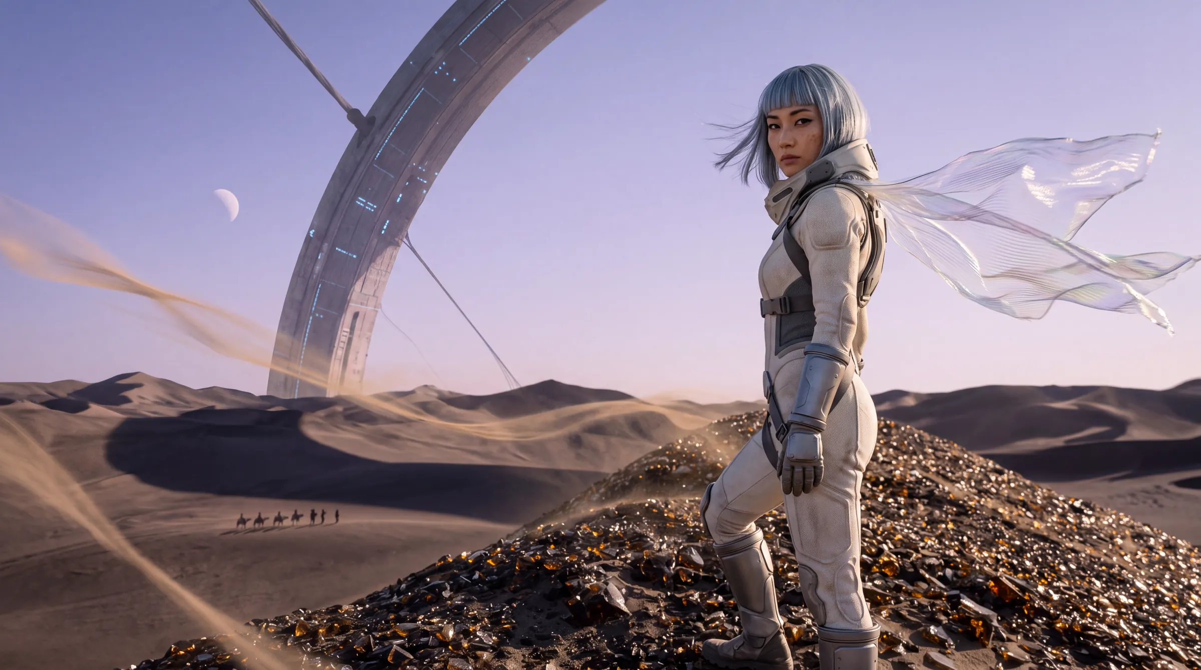 Elara Vance on a dune of fused glass looking back over her shoulder, a half-buried orbital ring and a space-elevator tether behind her under a second moon