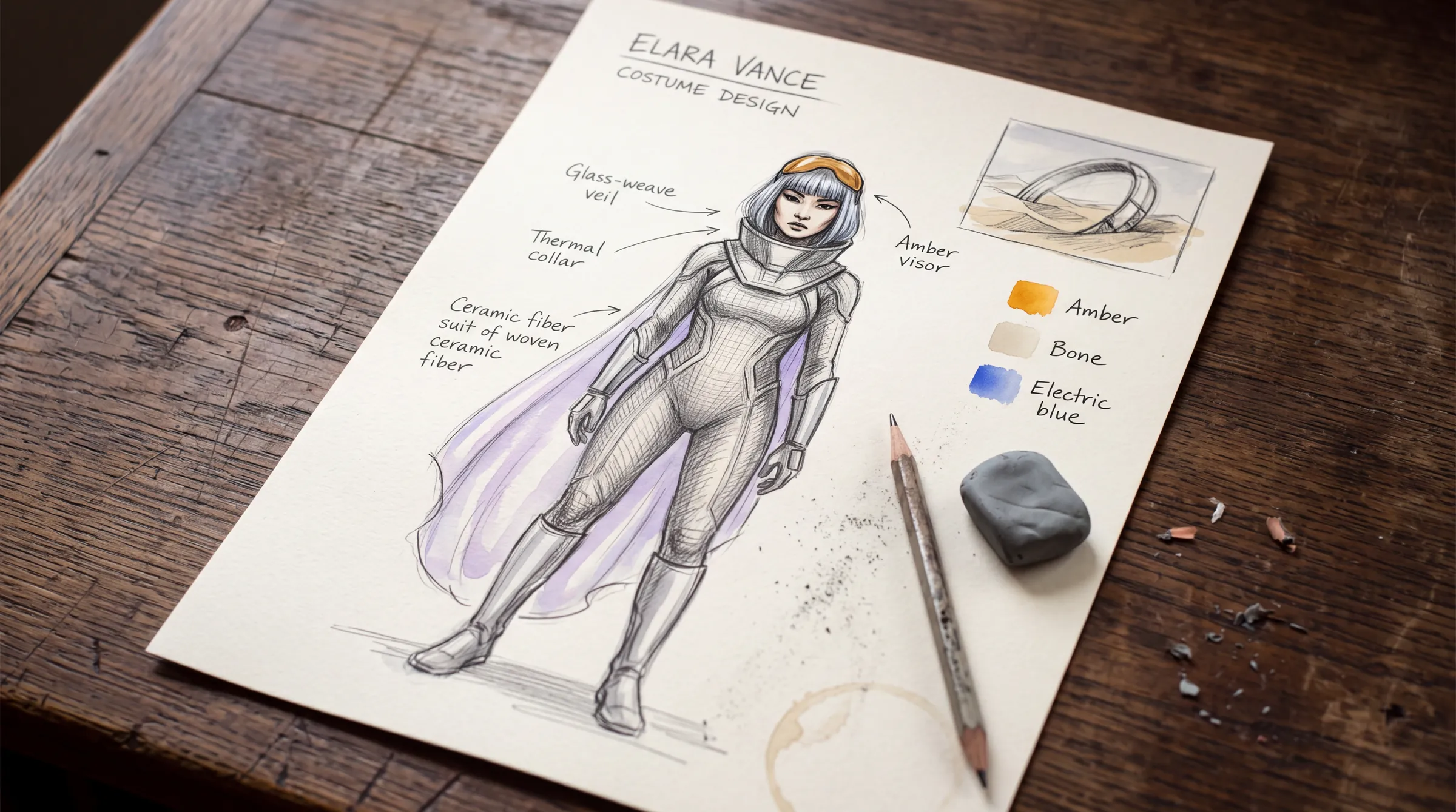 Elara Vance as a full-figure pencil and watercolor costume sketch of her 2126 desert outfit, with annotations and color swatches