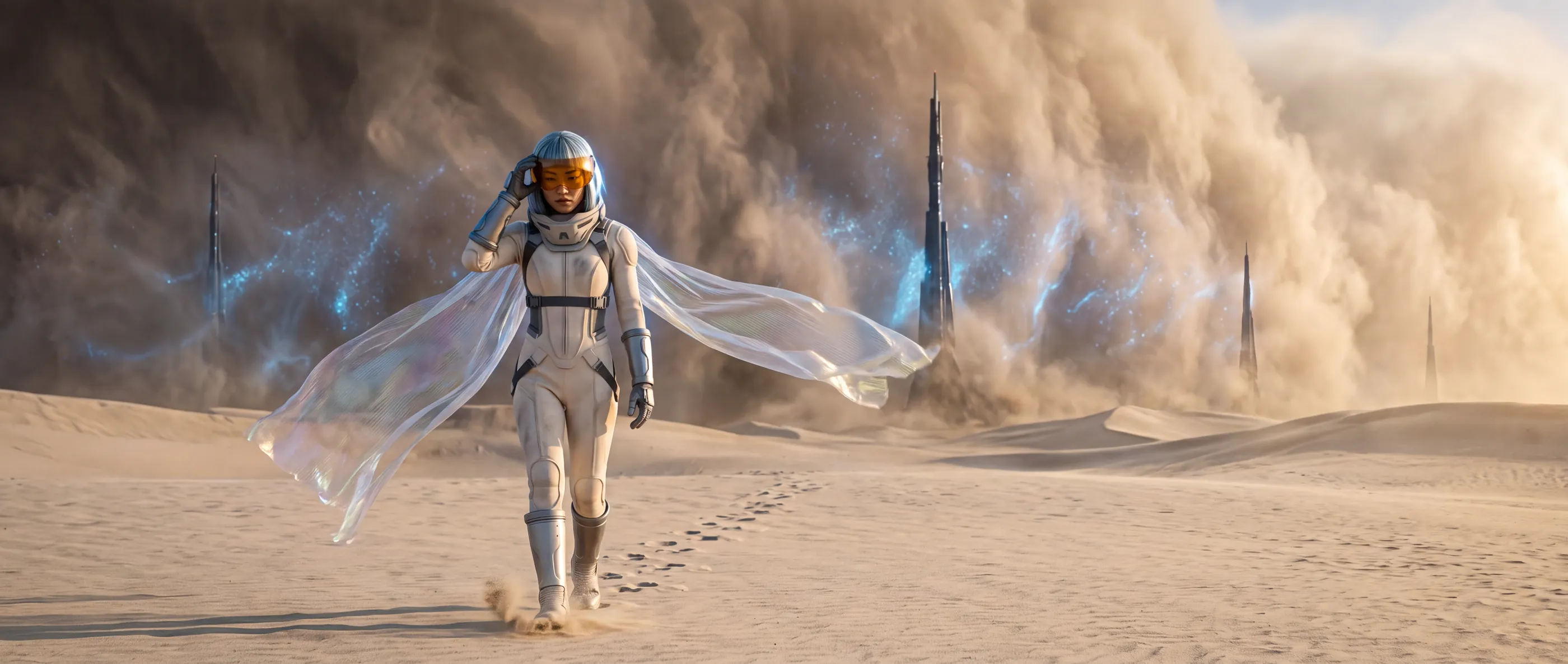 Elara Vance, full length, walking toward camera as a glowing blue sandstorm wall and harvester towers rise behind her