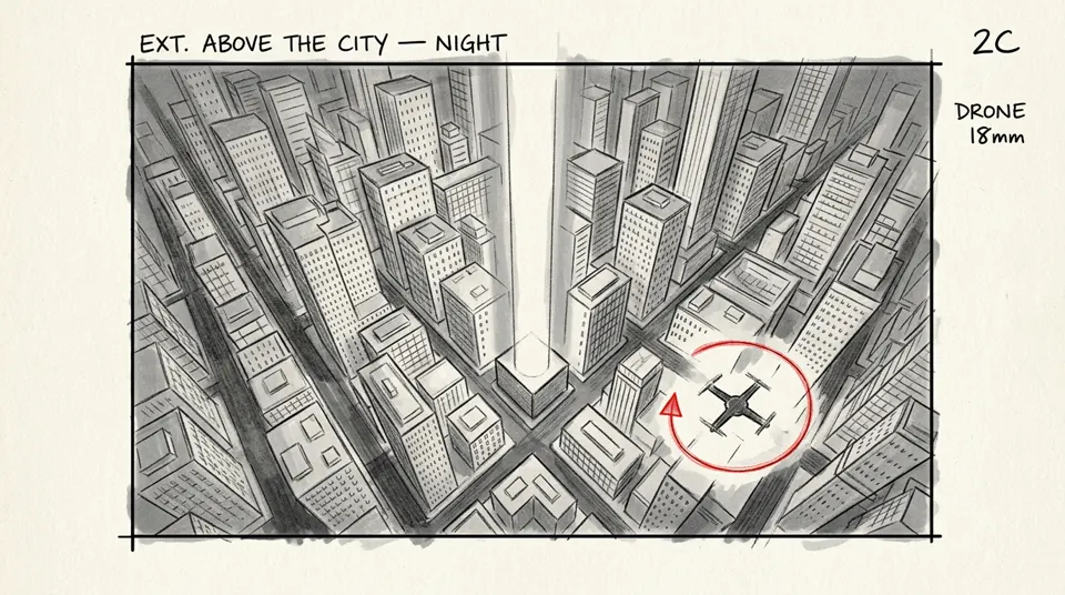 Storyboard 2C: Drone 18mm, above the city